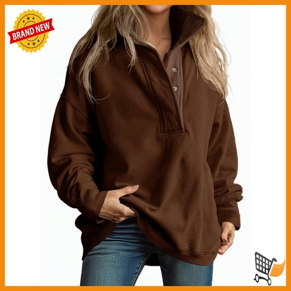Oversized Sweatshirt Snap Collar Pullover Fall Travel Casual Tops